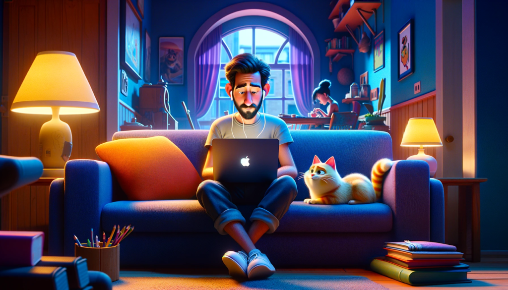 A guy sitting on his macbook sitting next to a cat on the couch