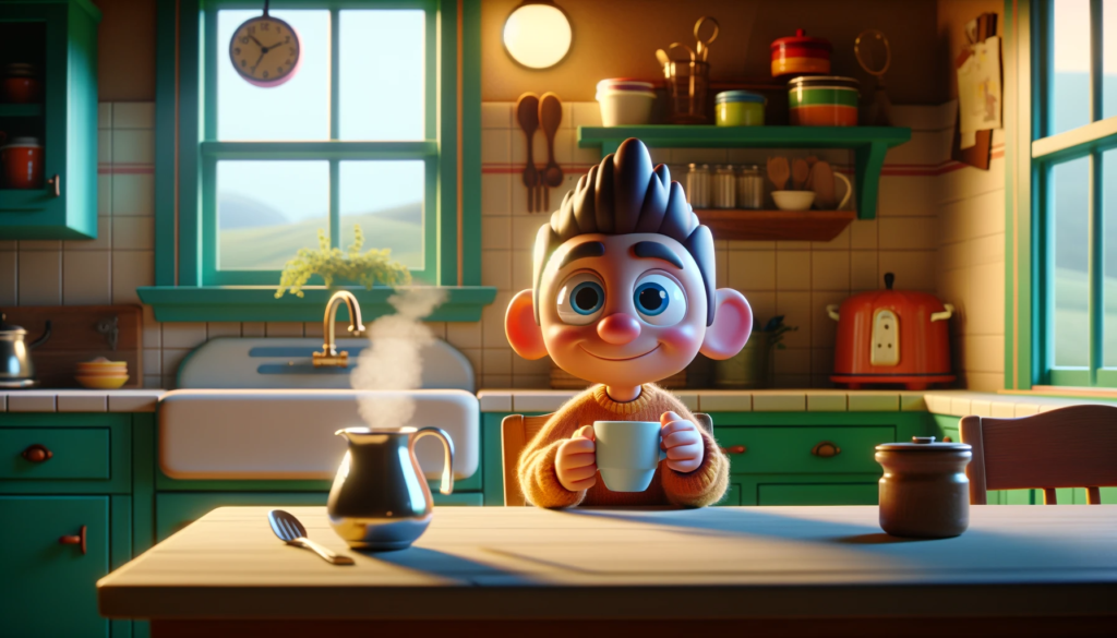 pixar character holding a cup of coffee at the dinner table in kitchen